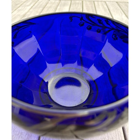 Cobalt Blue Art Glass Bowl Vase w Lily of the Valley Sterling Overlay 1950s 7” - Picture 6 of 10